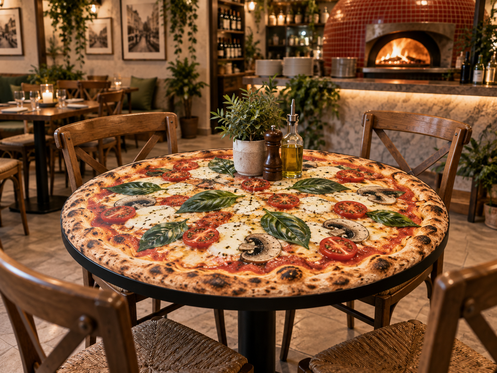 Pizzafotóval díszített kerek asztallap egy tematikus étteremhez.